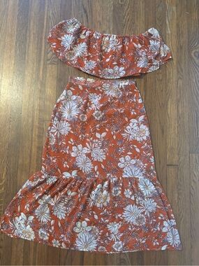 BDS Rust Floral Two-Piece Off-Shoulder Midi Skirt Set